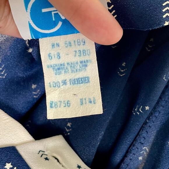 Vibtage 60s 70s Navy Cream Star Pattern Short Sleeve Midi Shirt Dress - Picture 11 of 11